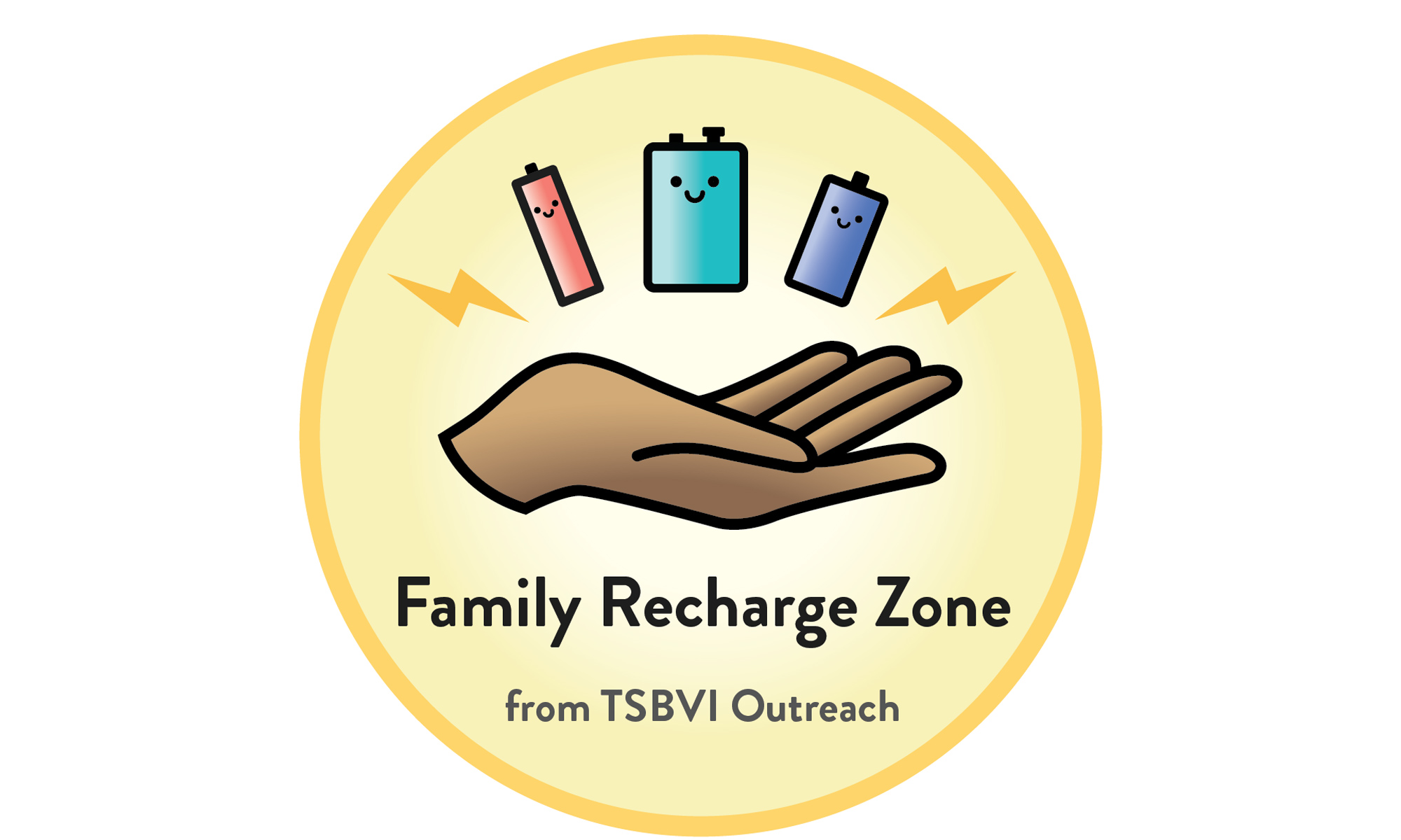 Family Recharge Zone logo: an image of a hand holding batteries with charges