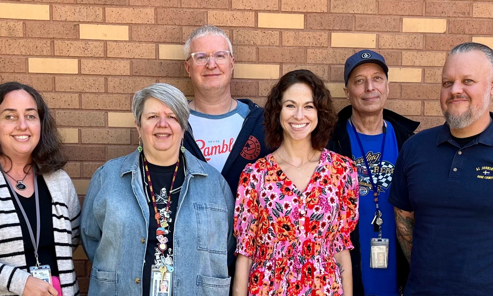 Image shows the curriculum department during TSBVI Spirit Week 2021. Left to right: Angela Wolf, GiGi Franklin, Bob Mellon, Shanna Hamilton, Tag Millikin, Jack Blackmon