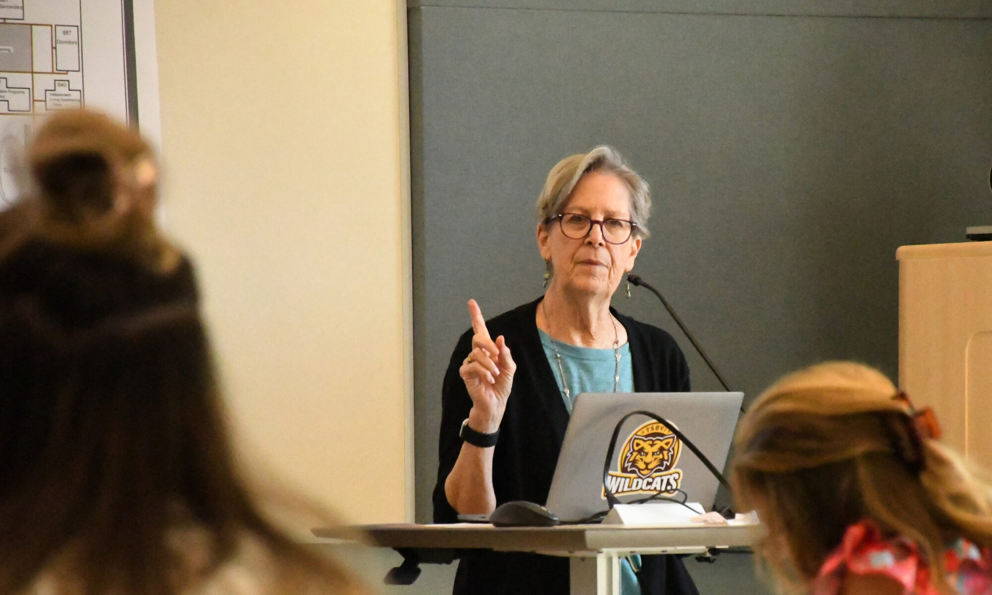 An adults stands in conference room at a podium with a laptop with TSBVI Wildcats sticker. Her finger is up and she talks to rows of adults.