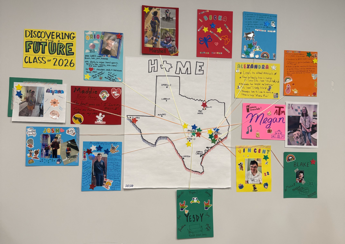 A large white paper on a wall with the state of Texas and lines drawn from different cities go to colorful papers with collages of names, photos, and drawings.