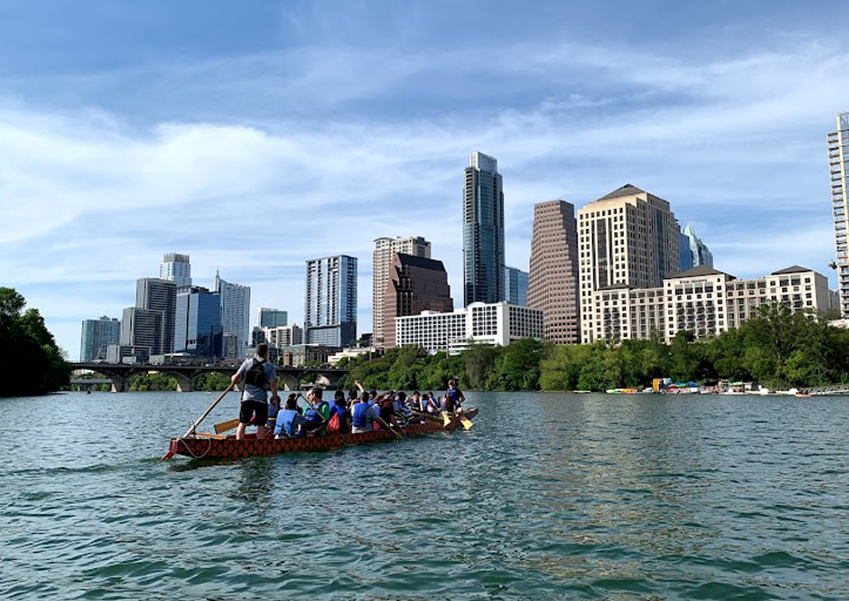 Students practice for dragon boat race.