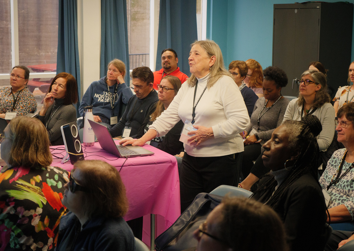 An adult presents to a crowded conference room.