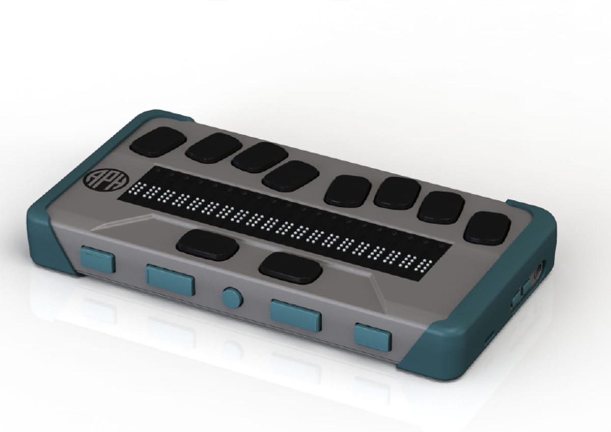 Image of the chameleon braille rader. It is gray and green