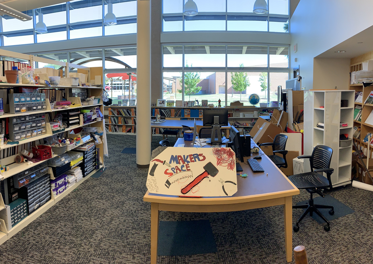 The TSBVI Makerspace in the Learning Resource Center has shelving with containers housing tools, crafts, and materials of various texture, size, and shape.