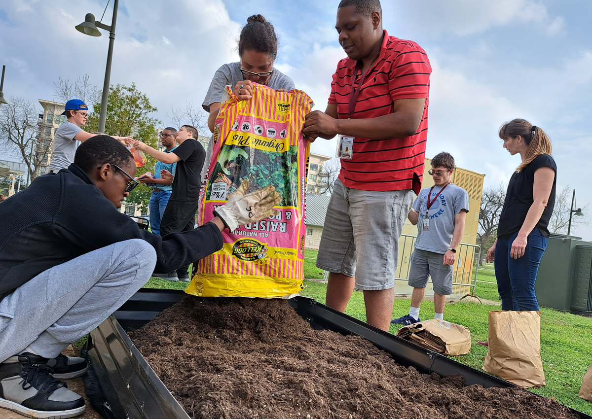 An adult and adolescents pour soil from a bag into a raised garden plot outdoors while others garden around them.