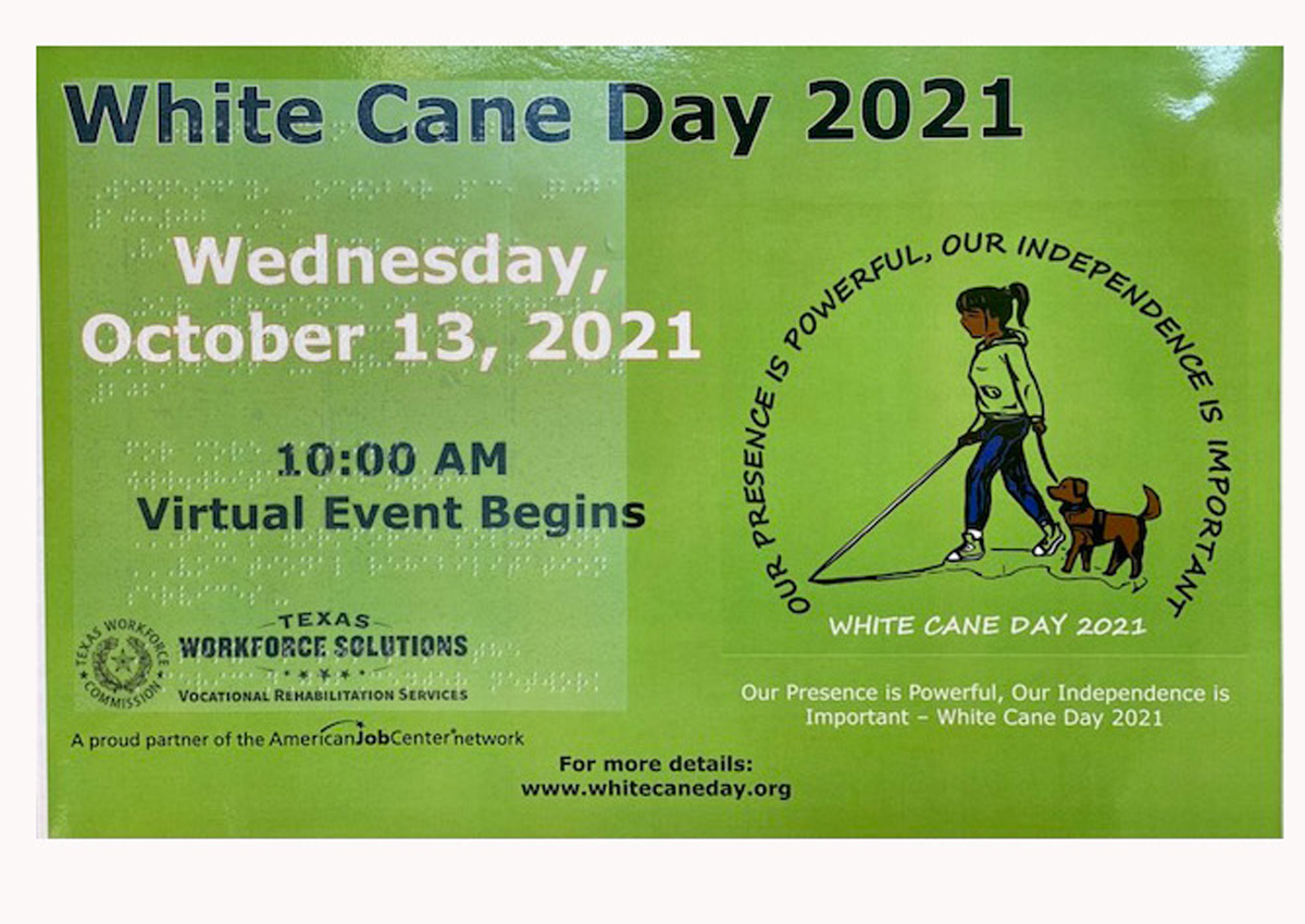 A poster announcing the 2021 White Cane Day events with artwork of an adolescent using a white cane while walking a guide dog
