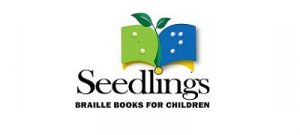 An open book with Braille dots spelling the short form contraction for “children” and a sprig in the middle of the book