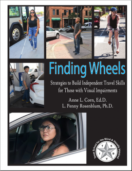 Image of the cover of finding Wheels. The cover has a collage of photos including a woman using a white cane, a woman riding a bike, a woman driving, a man standing at the street corner, and a man pumping gas.