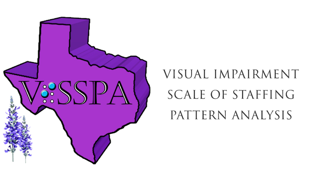 Purple VISSPA logo in the shape of the state of Texas with VISSPA written on it. To its lower left are two bluebonnets. To the right of the Texas image are the words Visual Impairment Scale of Staffing Pattern Analysis.