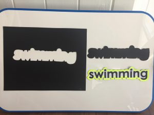 A black paper with the outlined shape of the word "swimming" cut out of it, next to the black cut out of the word and the word swimming, outlined in yellow, and cut out. All are glued to magnet paper and are presented on the white, magnetic side of the “All-In-One Board” from American Printing House for the Blind (APH).