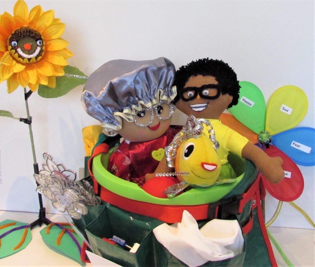 characters from the story sitting inside a story bucket