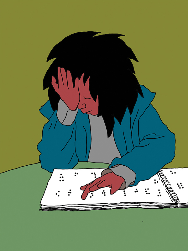 A child sits slumped at a desk with a braille book in front of her. One hand is on the braille and the other hand supports her downturned head. Her eyes are closed and she is frowning.