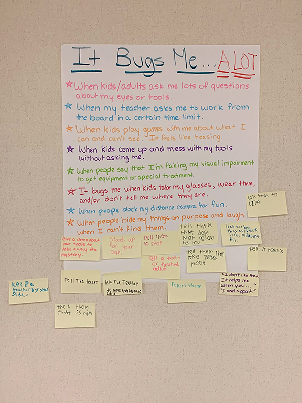 Picture of a poster on the wall displaying comments which students feel are intrusive or rude along with student-generated ideas for possible responses or solutions.