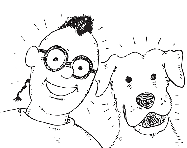 A line-drawing of a smiling young man wearing glasses. He is next to his dog.