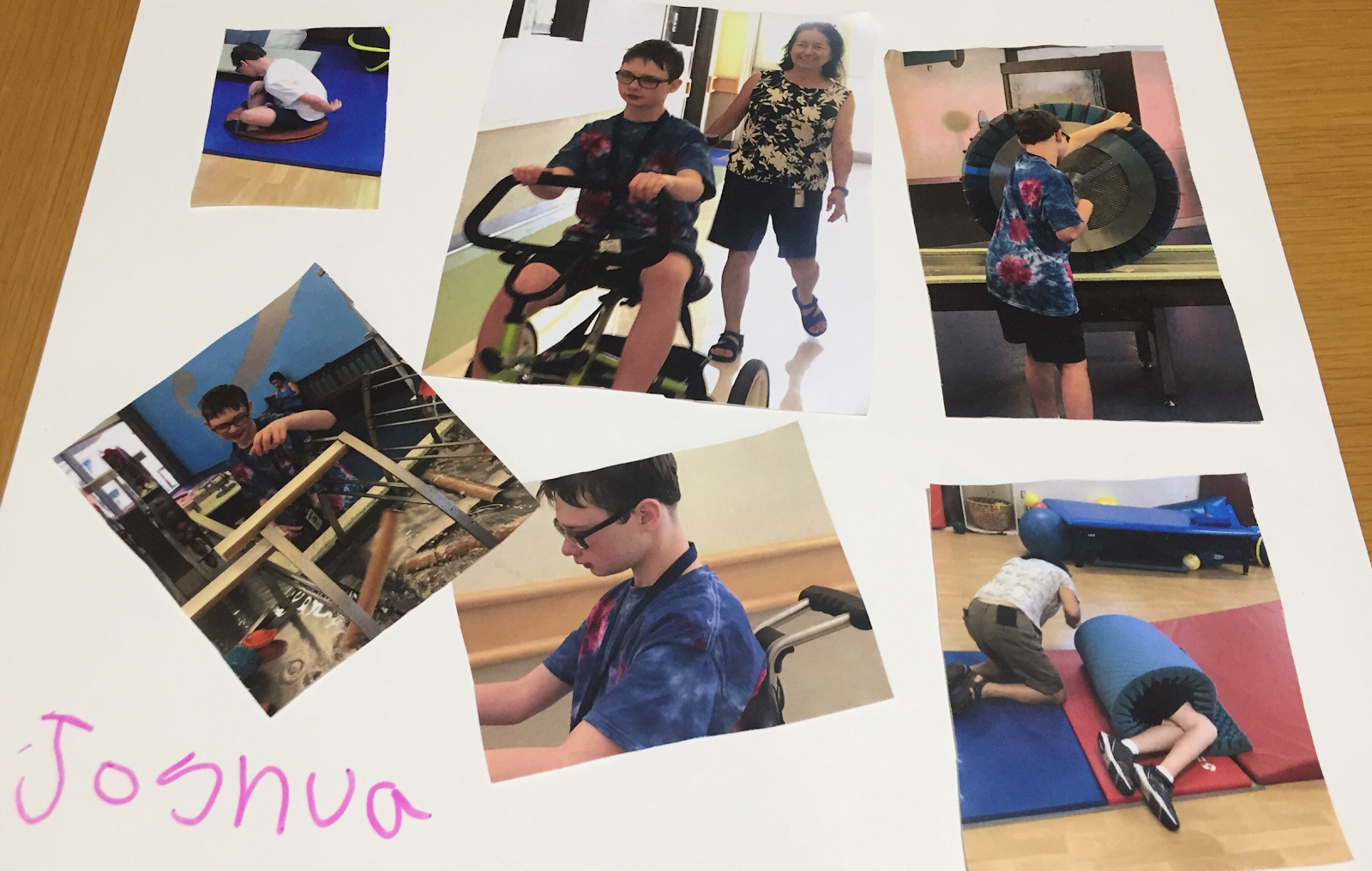 Image of a collage on a poster. These are images of a student named Joshua and his activities at school.