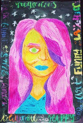 An Andy Warhol style self-portrait of Scout with long pink and purple hair, green eyes, and blue lips.