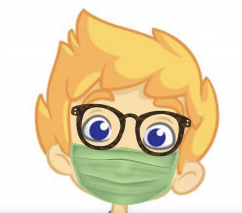 Drawing of a blond-headed boy with glasses wearing a green mask