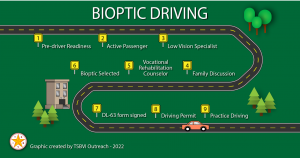 A long curved line represents the circuitous route students must follow. There are nine places along the route indicating each of the steps to bioptic driving.