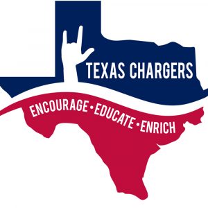 Texas Chargers new logo: The shape of Texas with words “Encourage, Education, Enrich” and a hand making the “I Love You” sign