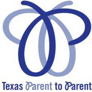 The logo for TXP2P is a white square with blue curved lines that intersect. “Texas Parent to Parent” is written below in blue.