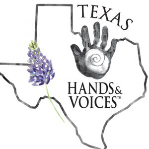 A black outline of the state of Texas. A bluebonnet and a hand are shown inside the shape with the word “Texas” written outside it and “Hands & Voices’ written inside.