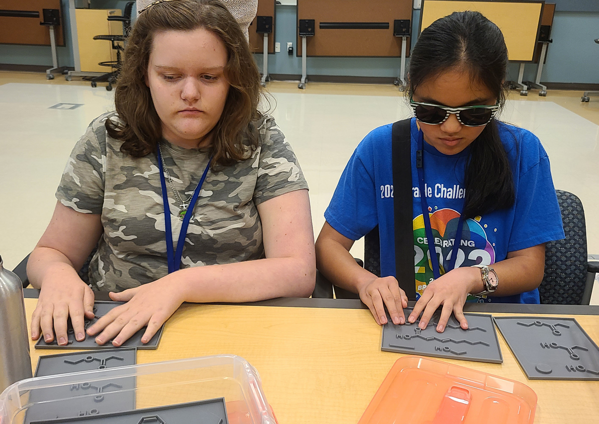 Dos adolescentes se sientan en una mesa en una sala de conferencias y exploran láminas gráficas táctiles de moléculas.