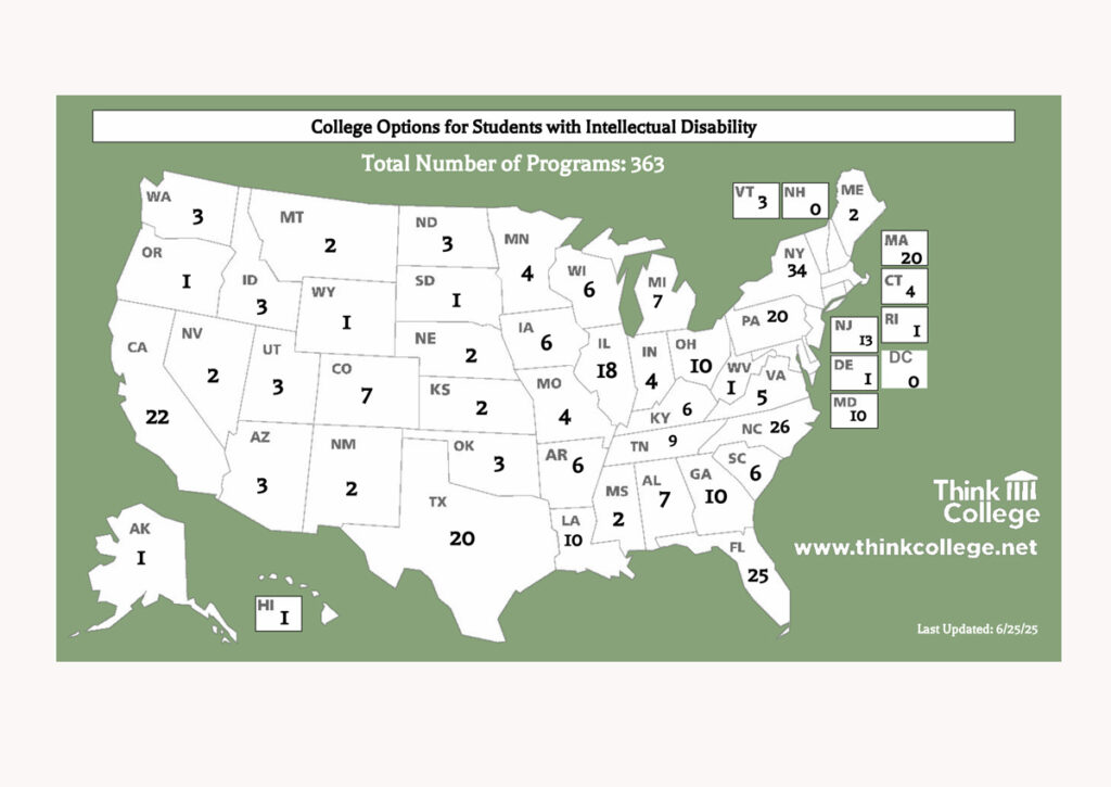 Map of the United States with the number of programs offered in each state.