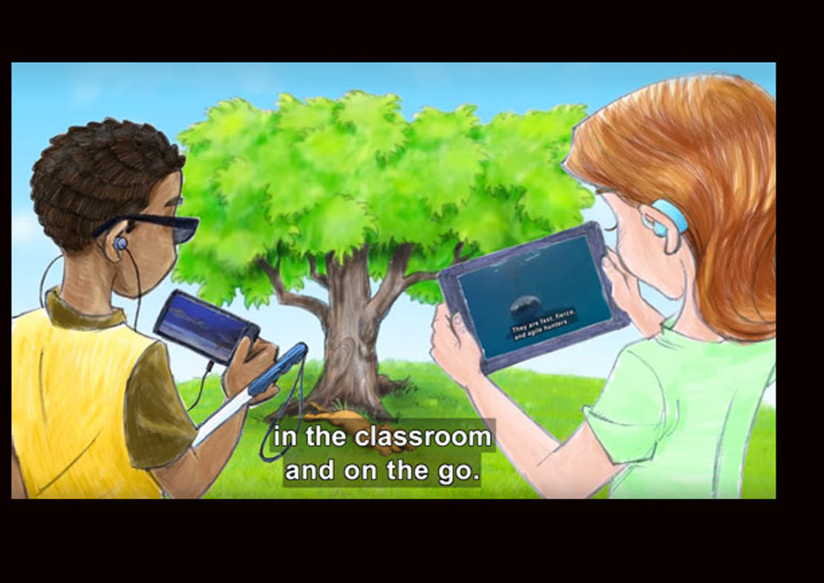 A colorful drawing of two young students using DCMP videos outdoors.