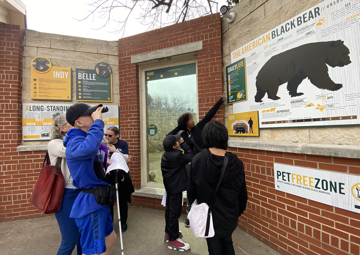 Adolescentes utilizan monoculares para leer un gran cartel en una pared sobre el oso negro americano en una exposición de naturaleza al aire libre.