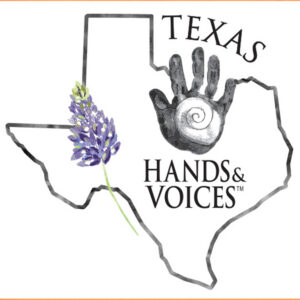 A black outline of the state of Texas. A bluebonnet and a hand are shown inside the shape, with the word “Texas” written outside it and “Hands & Voices’ written inside.